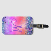 Chic oranje roze iridescent faux glitter monogram bagagelabel (Voorkant (horizontaal))