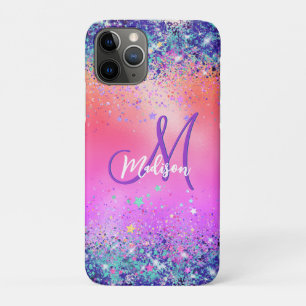 Chic oranje roze iridescent faux glitter monogram iPhone 11 pro hoesje