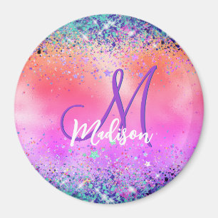 Chic oranje roze iridescent faux glitter monogram magneet