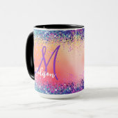 Chic oranje roze iridescent faux glitter monogram mok (Voorkant links)