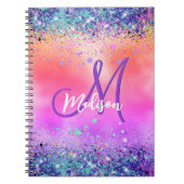 Chic oranje roze iridescent faux glitter monogram notitieboek (Voorkant)