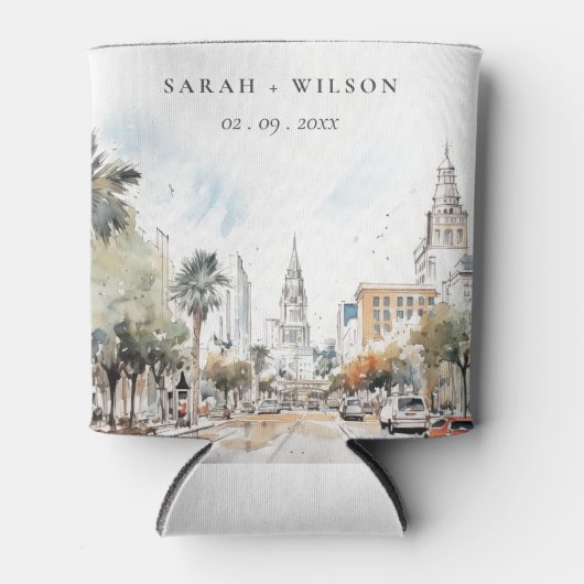 Chic Orlando Florida Skyline Waterverf bruiloft Blikjeskoeler (Voorkant)