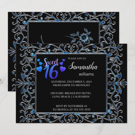Chic Ornate Silver Sweet 16 Invitation (Devant / Derrière)