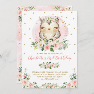 Chic Owl Blush Pink Gold Floral Girl Birthday Kaart