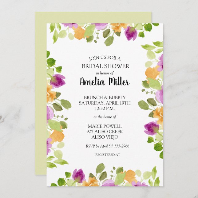 Chic Paars Floral Bridal Shower Invitations (Voorkant / Achterkant)
