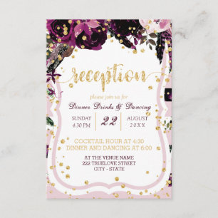 Chic Paars Floral Gold Confetti Wedding Reception Kaart