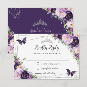 Chic Paars Floral Silver QUINCEAÑERA Butterflies RSVP Kaartje