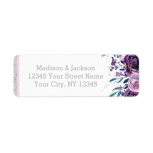 Chic Paars Floral & Silver Wedding Return Address Etiket