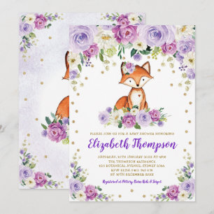 Chic Paars Floral Woodland Fox Baby Girl Shower Kaart