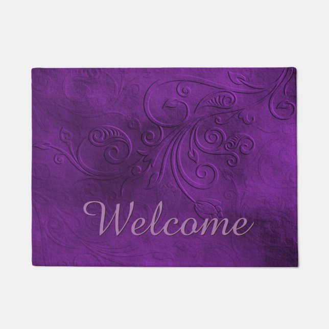 Chic Paars Flourish Welcome Deurplaat Mat (Voorkant)