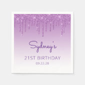 Chic Paars Glitter Drip 21st Birthday Party Servet (Voorkant)