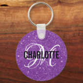Chic paars glitter monogram naam sleutelhanger (Voorkant)