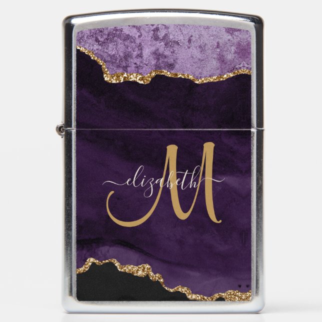 Chic Paars Gold Glitter Agate Custom Monogram (Voorkant)