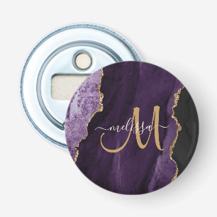 Chic Paars Gold Glitter Agate Custom Monogram Button Flesopener