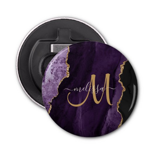 Chic Paars Gold Glitter Agate Custom Monogram Button Flesopener (Voorkant)