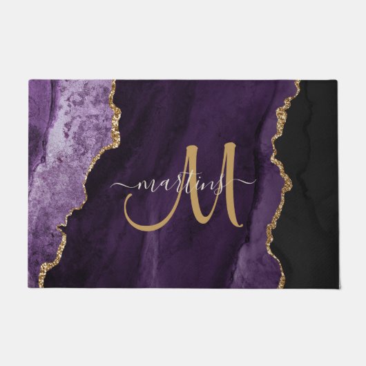 Chic Paars Gold Glitter Agate Custom Monogram Deurmat (Voorkant)