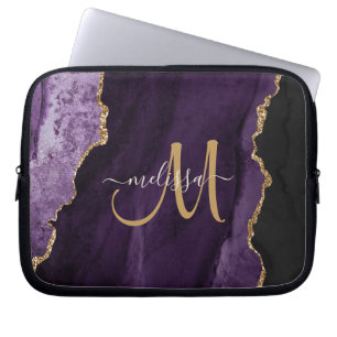 Chic Paars Gold Glitter Agate Custom Monogram Laptop Sleeve