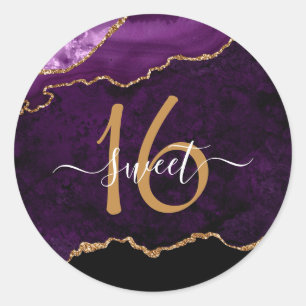 Chic Paars Gold Glitter Agate Custom Monogram Ronde Sticker