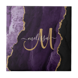 Chic Paars Gold Glitter Agate Custom Monogram Tegeltje