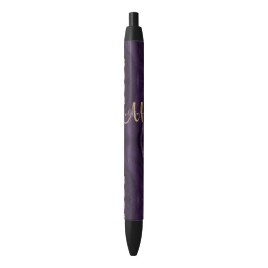 Chic Paars Gold Glitter Agate Custom Monogram Zwarte Inkt Pen (Voorkant Verticaal)