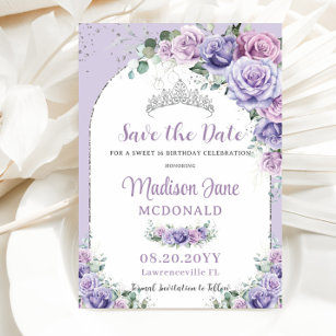 Chic Paars Lila Floral Sweet 16 Silver Birthday Save The Date