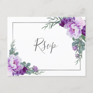 Chic Paars Silver Floral Eucalyptus Wedding RSVP Briefkaart
