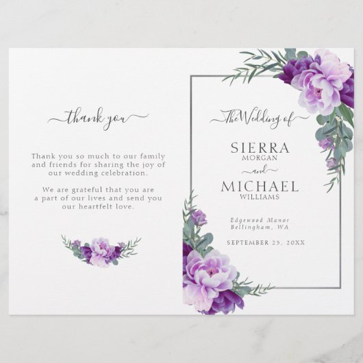 Chic Paars Silver Floral vouded Wedding Programme (Voorkant)
