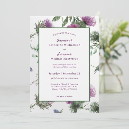 Chic Paars Thistle Floral  Wedding Kaart (Staand voorkant)