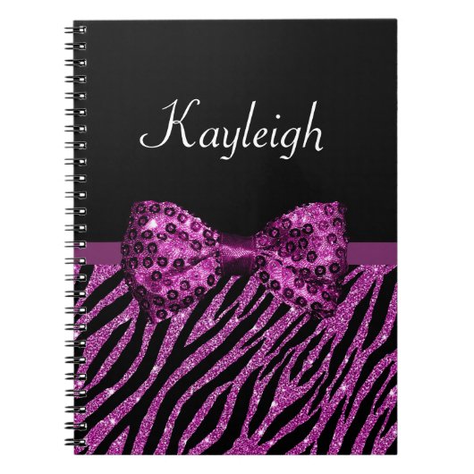 Chic Paars Zebra print FAUX Glitz Bow met naam Notitieboek (Voorkant)