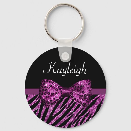 Chic Paars Zebra print FAUX Glitz Bow met naam Sleutelhanger (Voorkant)