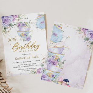 Chic Paarse Bloemachtige High Tea 50e Verjaardagsf Kaart