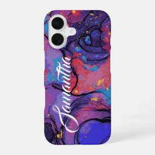 Chic Paarse en Roze Marmer Gepersonaliseerde Naam iPhone 16 Hoesje