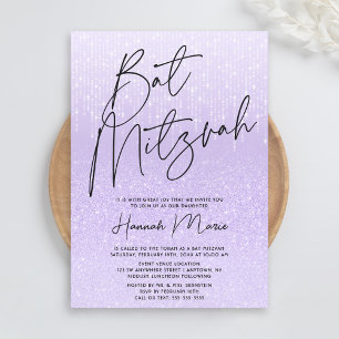 Chic Paarse Glitter Bat Mitzvah Kaart