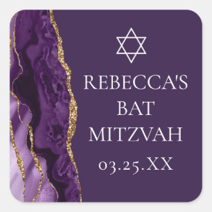 Chic Paarse Gold Agate Bat Mitzvah Party Vierkante Sticker