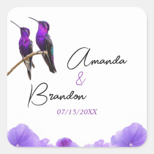 Chic Paarse kolibries en bloemblaadjes bruiloft Vierkante Sticker