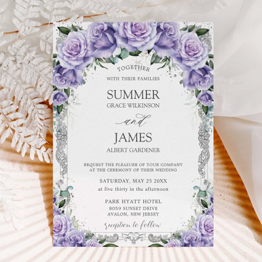 Chic Paarse Lavendel Rozen Floral Silver Wedding Kaart