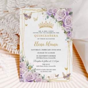 Chic Paarse Lila Rozen Floral Gold Quinceañera XV Kaart