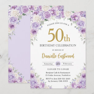 Chic Paarse Lila Witte Bloemen 50e 60e Verjaardag Kaart