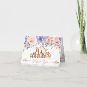 Chic Paarse Roze Bloemen Tribal Woodland Animals Bedankkaart