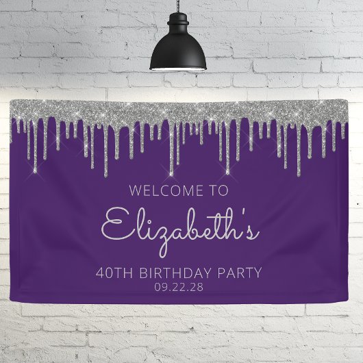 Chic Paarse Silver Glitter Drip 40ste Verjaardag Spandoek