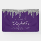 Chic Paarse Silver Glitter Drip 40ste Verjaardag Spandoek (Horizontaal)