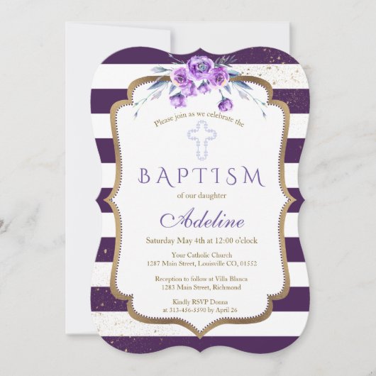 Chic Paarse Stripes Gold Violet Floral Baptisme Kaart (Voorkant)