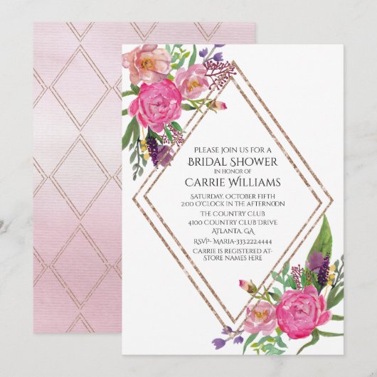 Chic Painted Peonies Bridal Shower Invitation Kaart (Voorkant / Achterkant)