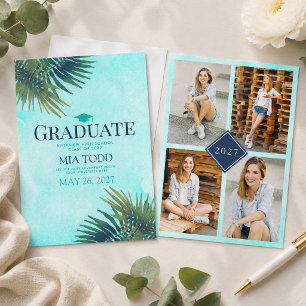 Chic Palmblad Goud Teal Afstudeer Uitnodiging
