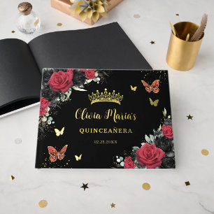 Chic Papillons Floraux Rouge Noir Quinceanera Or
