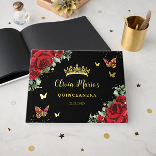 Chic Papillons Floraux Rouges Quinceanera Noir Or