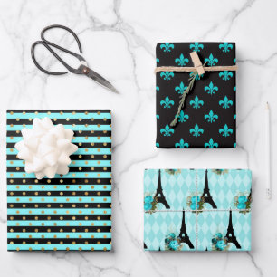 Chic Paris Aqua Blauw, Zwart en Goud Inpakpapier Vel