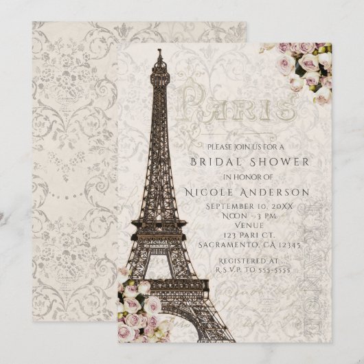 Chic Paris Eiffel Tour & Roses Elégante Invitation (Devant / Derrière)