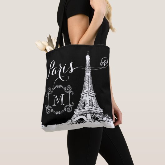 Chic Paris Eiffel Tower Black - wit monogram Draagtas (Dichtbij)