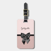 Chic Parisian Pink Polka Dots Black Bow and Name Bagagelabel (Voorkant verticaal)